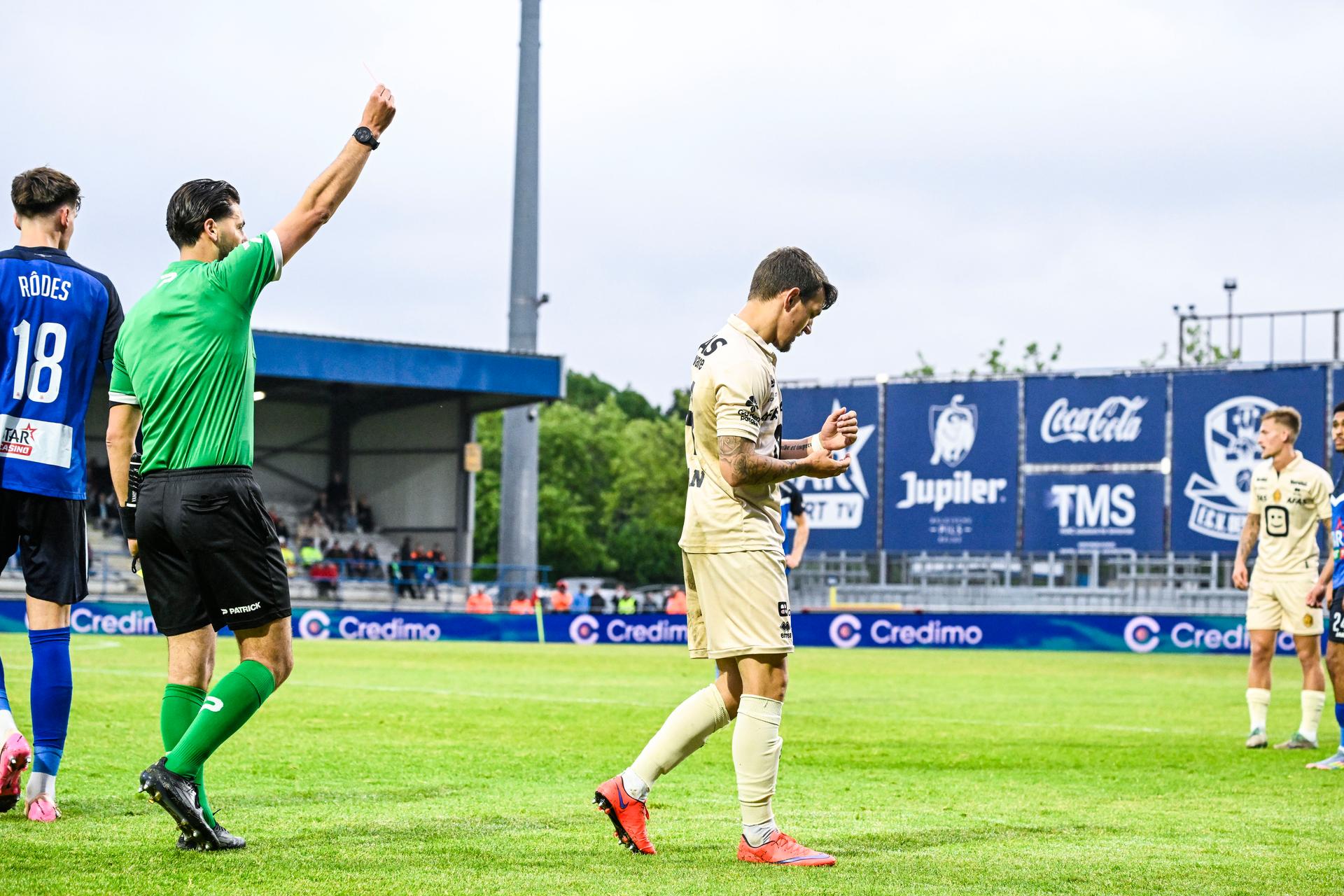 Mechelen's Benito Raman receives a red card from the referee during a soccer match between FCV Dender EH and KV Mechelen, Saturday 24 May 2025 in Denderleeuw, on day 10 (out of 10) of the Europe Play-offs of the 2024-2025 'Jupiler Pro League' first division of the Belgian championship. BELGA PHOTO TOM GOYVAERTS