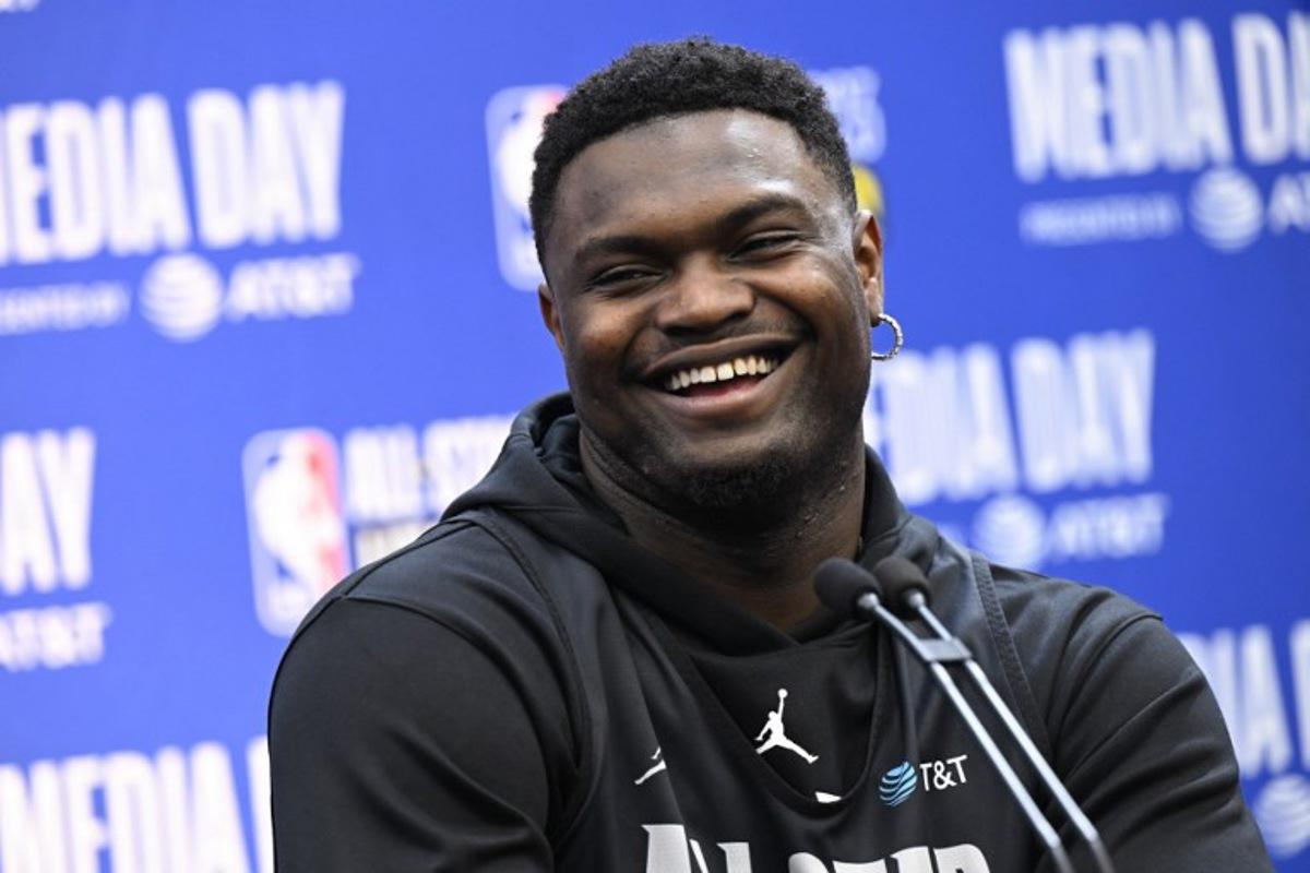 Zion Williamson, of the New Orleans Pelicans, speaks during a media availability as part of the 2023 NBA All-Star Weekend in Salt Lake City, Utah, on February 18, 2023.   Patrick T. Fallon / AFP