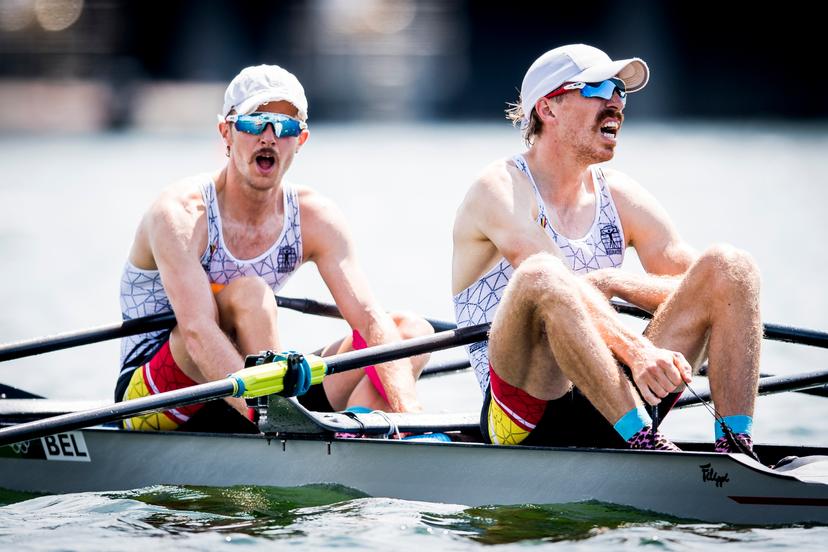 Belgian Rower Niels Van Zandweghe and Belgian Rower Tim Brys pictured in action during the final of the Lightweight Men's Double Sculls, on the seventh day of the 'Tokyo 2020 Olympic Games' in Tokyo, Japan on Thursday 29 July 2021. The postponed 2020 Summer Olympics are taking place from 23 July to 8 August 2021. BELGA PHOTO JASPER JACOBS