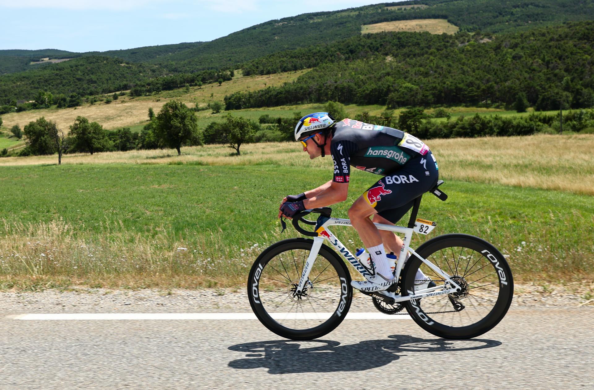 German Nico Denz of Red Bull-Bora-Hansgrohe pictured in action during stage 17 of the 2024 Tour de France cycling race, from Saint-Paul-Trois-Châteaux to Superdevoluy (177,8 km), in France, on Wednesday 17 July 2024. The 111th edition of the Tour de France starts on Saturday 29 June and will finish in Nice, France on 21 July. BELGA PHOTO DAVID PINTENS