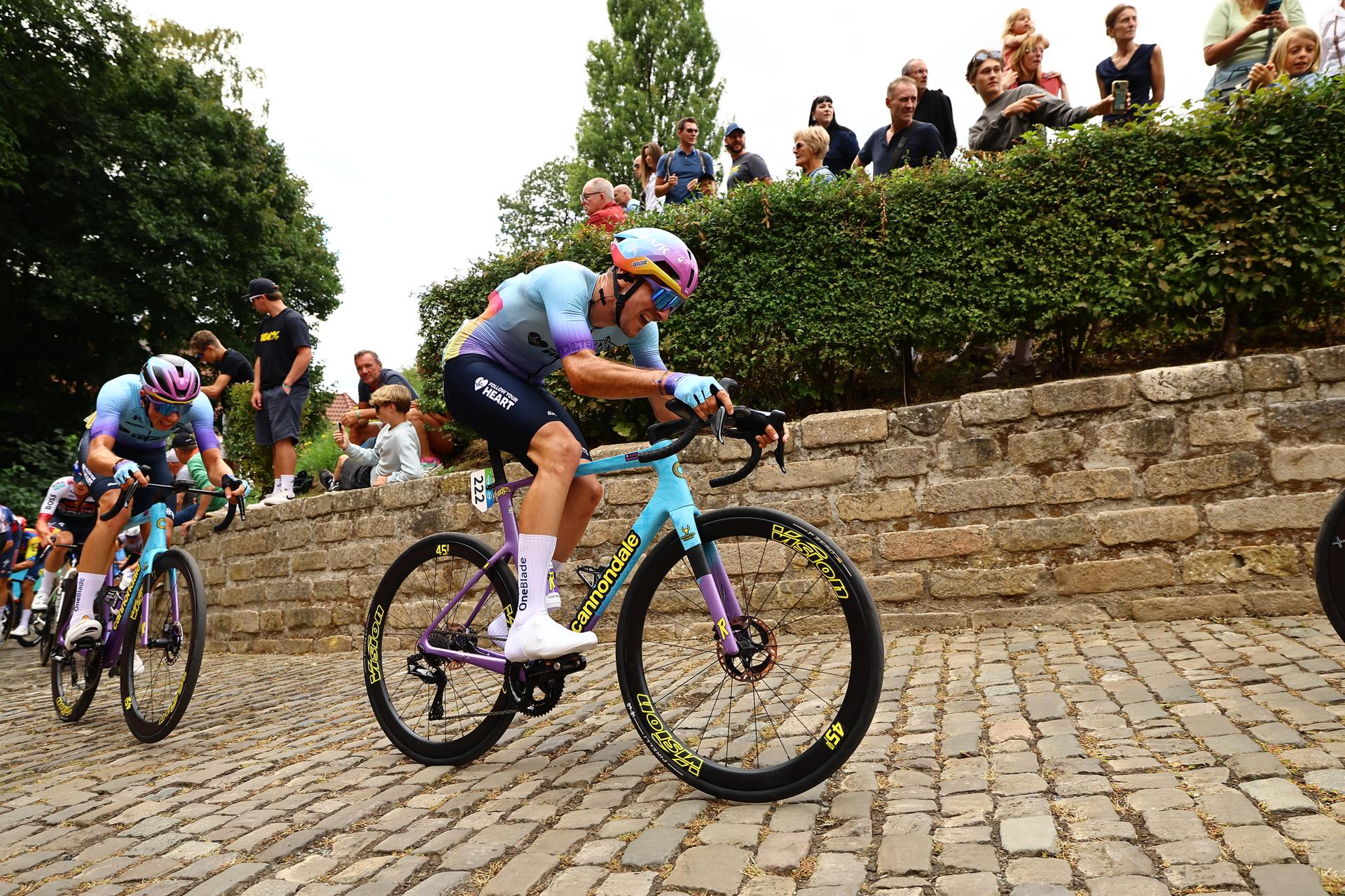 French Axel Huens of Unibet Tietema Rockets pictured in action during the third stage of the 'Renewi Tour' multi-stage cycling race, from Aalter to Geraardsbergen (179,9 km) on Friday 22 August 2025. The five-day race takes place in Belgium and the Netherlands.  BELGA PHOTO DAVID PINTENS