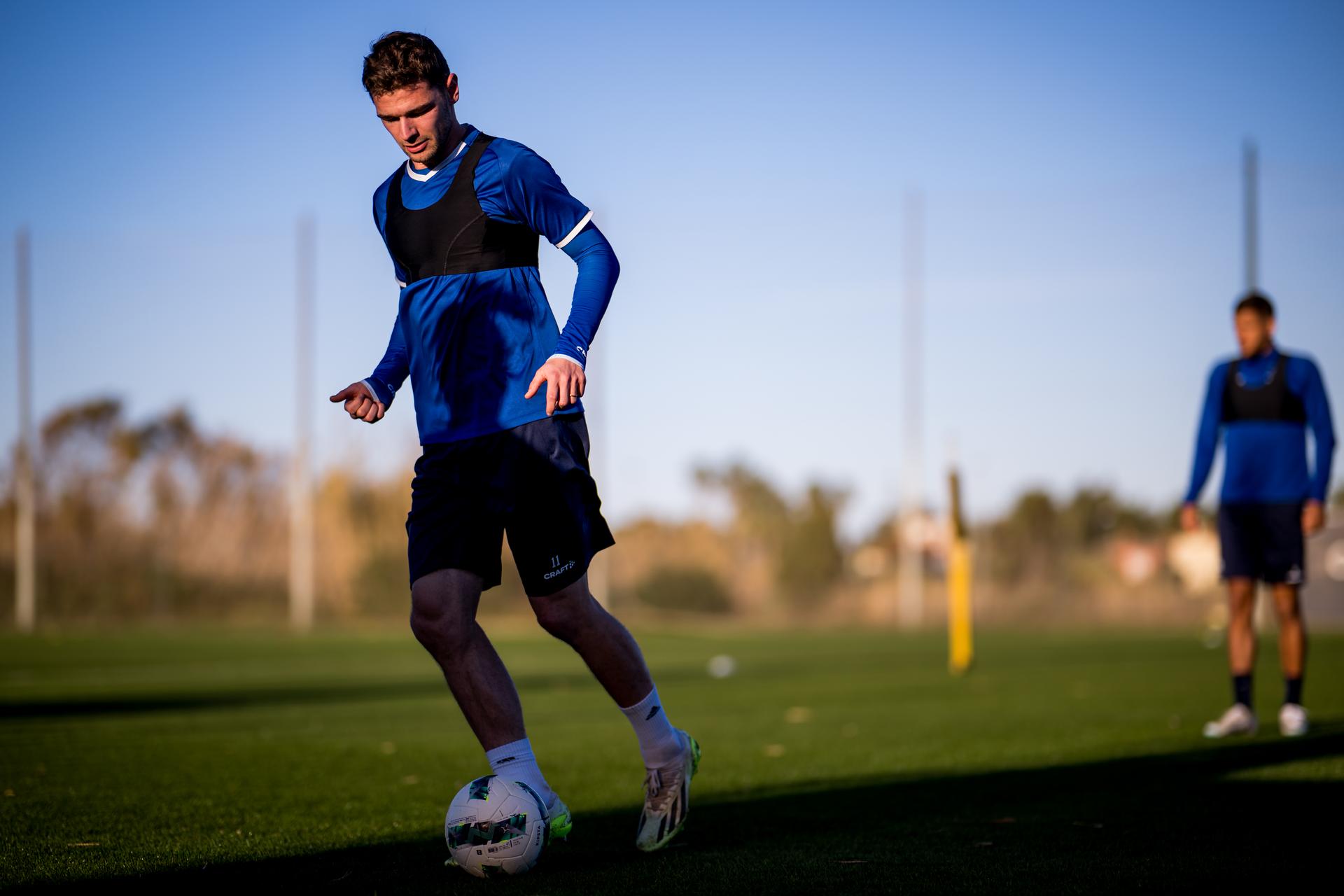 Gent's Hugo Cuypers pictured in action during the winter training camp of Belgian soccer team KAA Gent, in Oliva, Spain, Monday 08 January 2024. BELGA PHOTO JASPER JACOBS