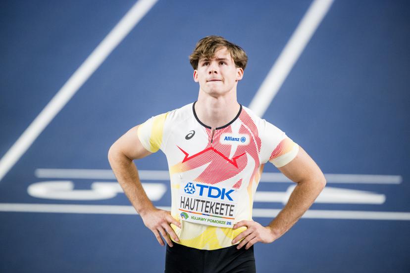 Belgian Jente Hauttekeete reacts after the 60m race of the men's Heptathlon competition, at the first day of the World Athletics Indoor Championship in Torun, Poland on Friday 20 March 2026. The championships take place from 20 to 22 March. BELGA PHOTO JASPER JACOBS