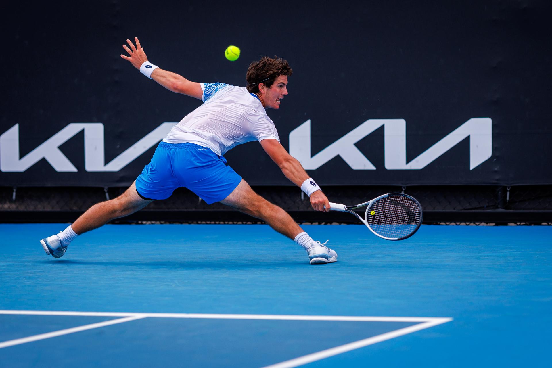 Belgium's Gilles-Arnaud Bailly pictured in action during a third round qualifying match in the men's singles against USA's Damm at the Australian Open, Melbourne Park, Melbourne on Thursday 15 January 2026.  BELGA PHOTO PATRICK HAMILTON  --- BENELUX ONLY   ---