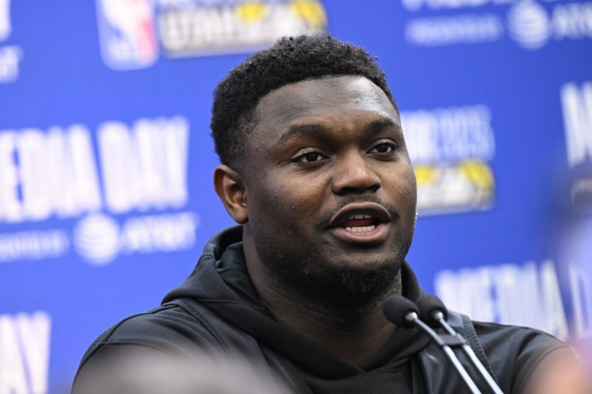 Zion Williamson, of the New Orleans Pelicans, speaks during a media availability as part of the 2023 NBA All-Star Weekend in Salt Lake City, Utah, on February 18, 2023.  Patrick T. Fallon / AFP