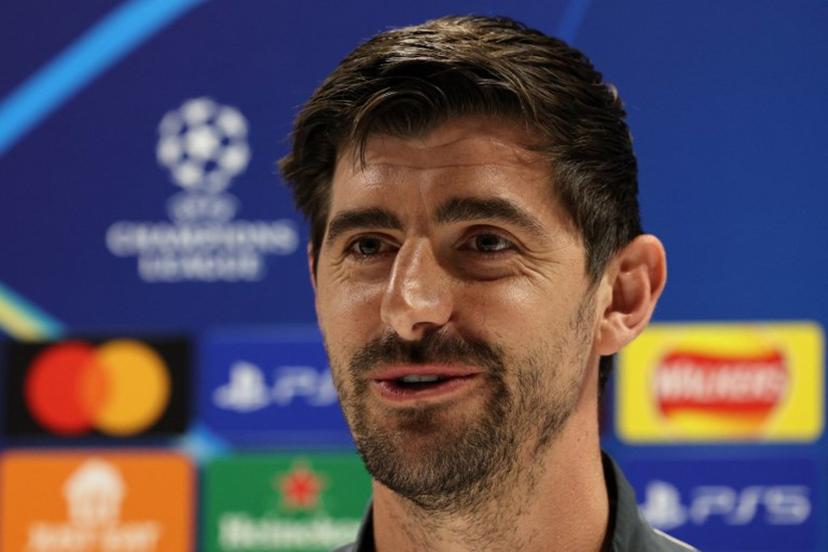 Real Madrid's Belgian goalkeeper #01 Thibaut Courtois speaks during a press conference at the Emirates stadium in London on April 7, 2025, on the eve of their UEFA Champions League Quarter-final first leg football match against Arsenal.  Adrian Dennis / AFP