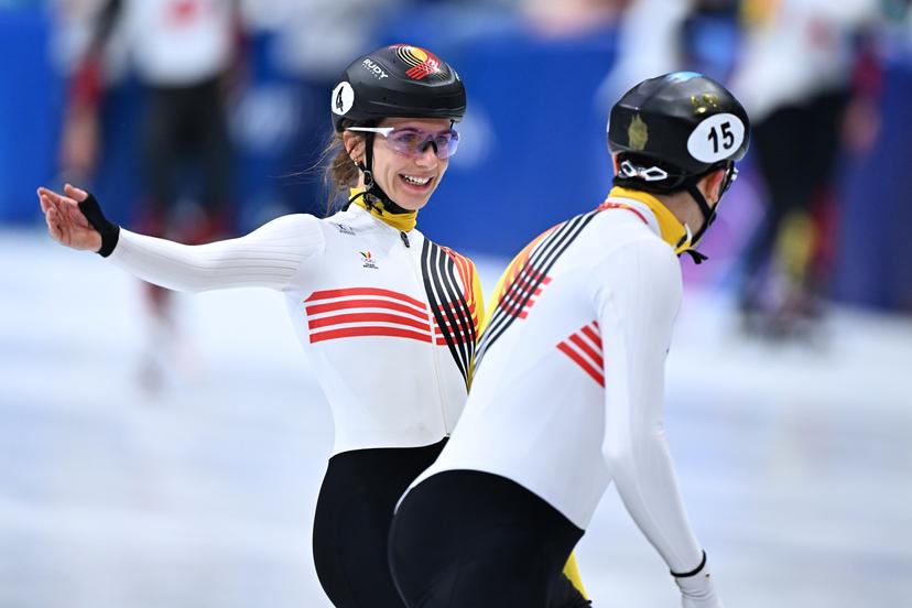 Belgian shorttrack skater Hanne Desmet and Belgian shorttrack skater Stijn Desmet celebrate a bronze medal in the Final of the Mixed Team Relay of the Short Track Speed Skating competition at the Milano Cortina 2026 Olympic Winter Games, on Tuesday 10 February 2026 in Milan, Italy. The XXV Winter Olympics take place from 6 to 22 February 2026 in Italy. BELGA PHOTO JASPER JACOBS