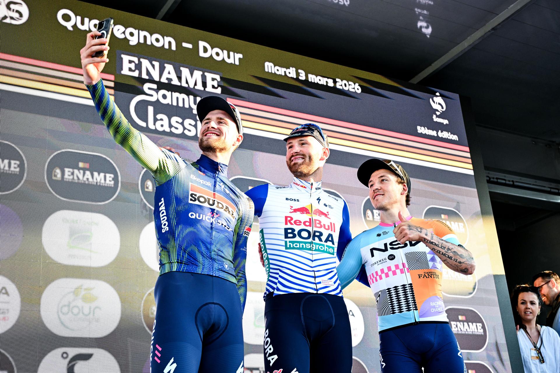 Belgian Laurenz Rex of Soudal Quick-Step, Belgian Jordi Meeus of Red Bull-BORA-hansgrohe and French Hugo Hofstetter of NSN Cycling Team pictured on the podium after the 'Ename Samyn Classic' one day cycling race, 203,8km from Quaregnon to Dour on Tuesday 03 March 2026. BELGA PHOTO MAARTEN STRAETEMANS