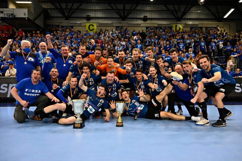 Bocholt's players celebrate after winning a game between Achilles Bocholt and Sporting Pelt, the men's final of the Belgian handball cup, Saturday 01 April 2023, in Hasselt. BELGA PHOTO JOHAN EYCKENS