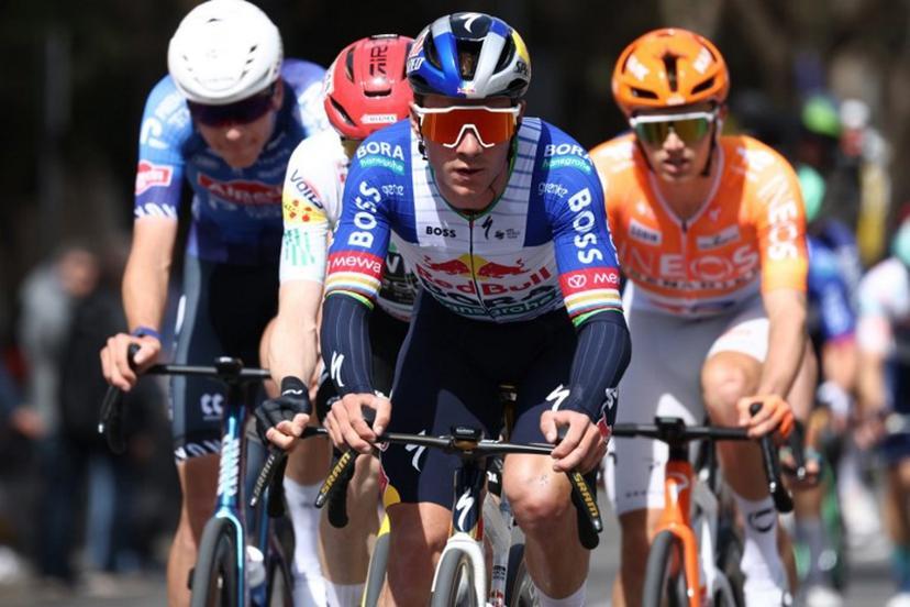 Team Bora's Belgian rider Remco Evenepoel competes during the seventh and last stage of the 2026 'Volta a Catalunya' cycling tour of Catalonia, a 95,1 km race between Barcelona and Barcelona, on March 29, 2026.  Josep LAGO / AFP
