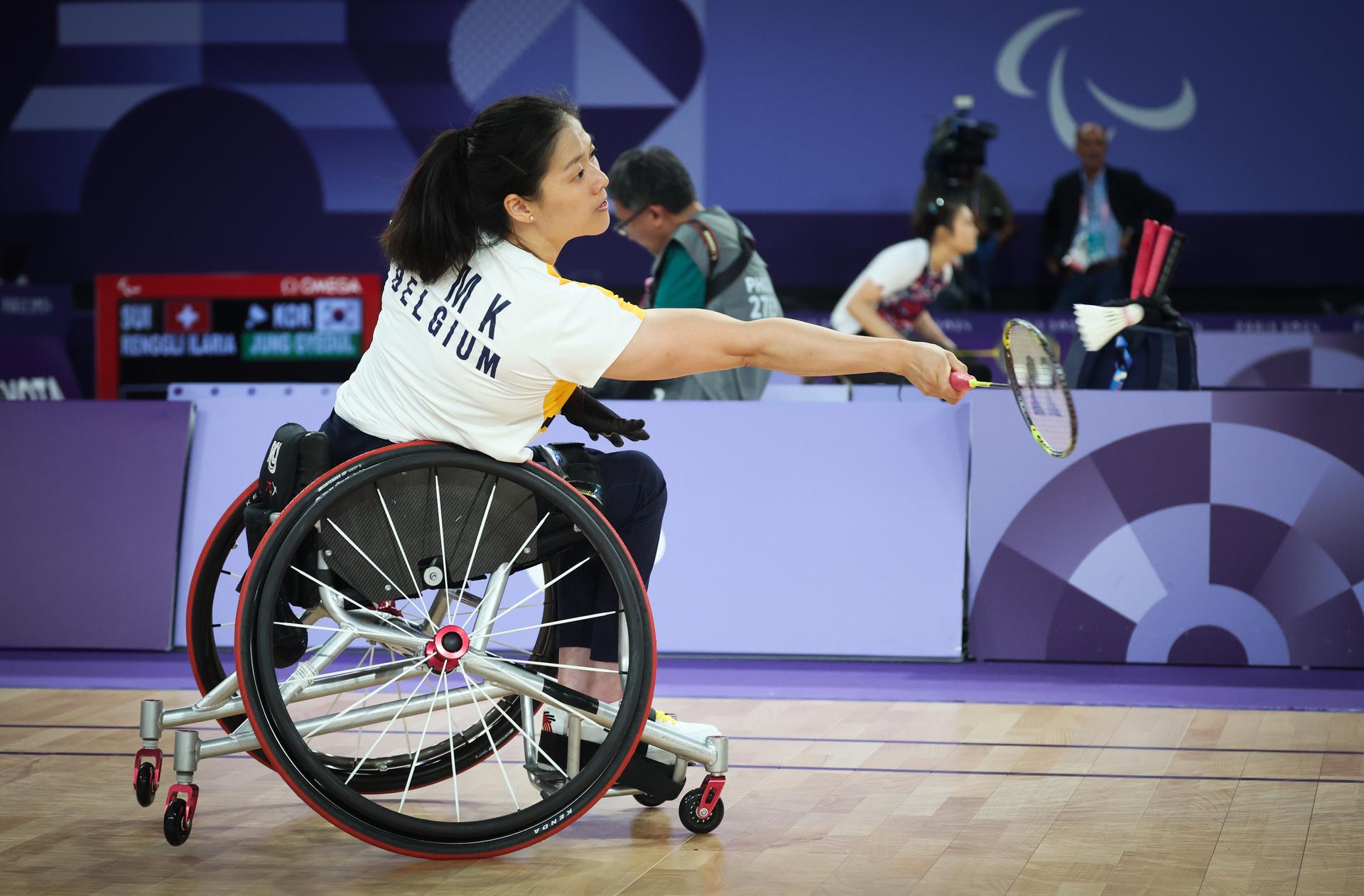 Belgian Man Kei To pictured in action during a quarter final game between Belgian To and Korean Kwon in the badminton single women competition in the category WH1, on day 4 of the 2024 Summer Paralympic Games in Paris, France on Saturday 31 August 2024. The 17th Paralympics are taking place from 28 August to 8 September 2024 in Paris. BELGA PHOTO VIRGINIE LEFOUR