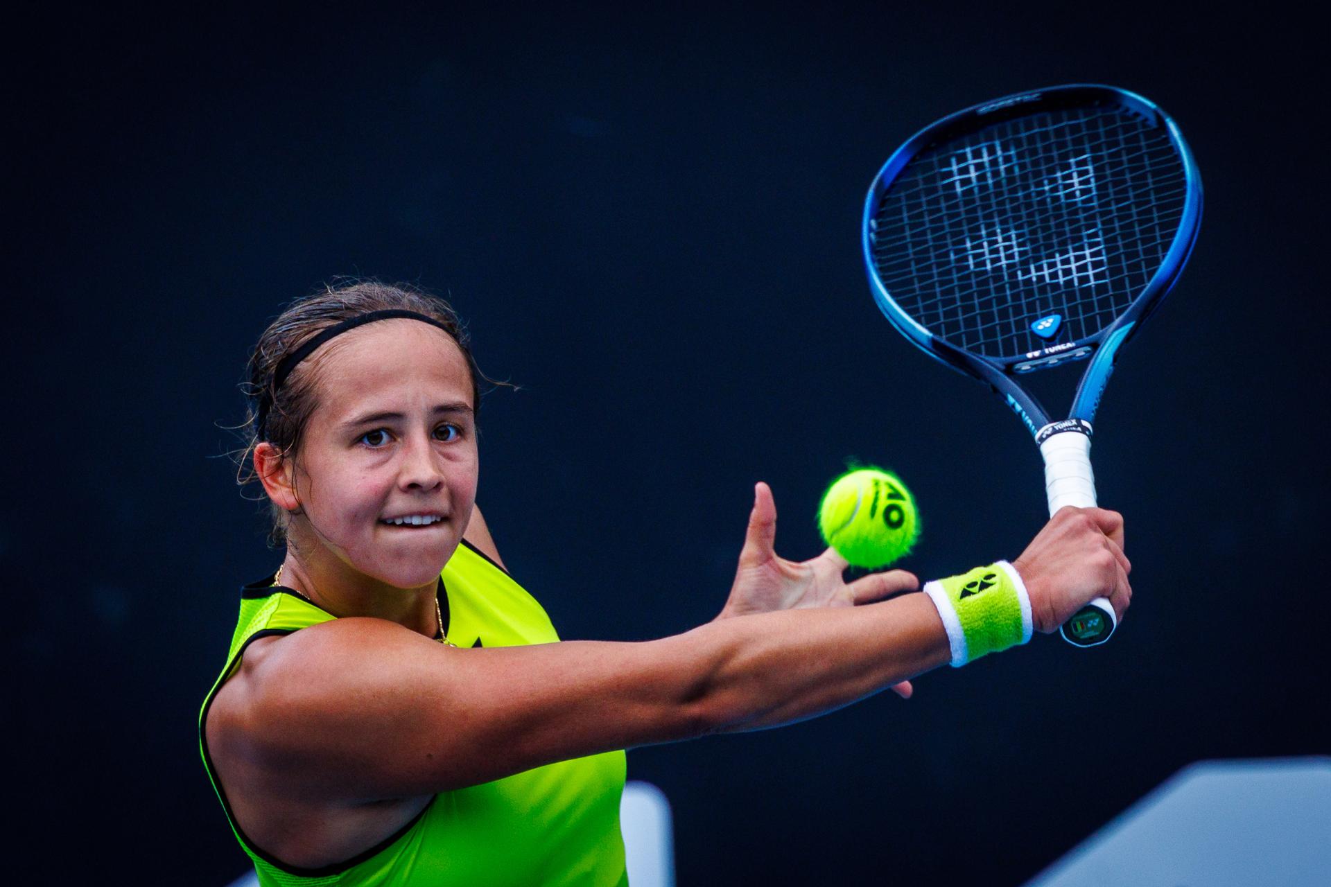 Belgium¿s Hanne Vandewinkel during a qualifying match against USA¿s Carol Young Suh at the Australian Open, Melbourne Park, Melbourne, January 13, 2026.    Photo by Patrick Hamilton/SIPA USA) ---  BENELUX ONLY     ---