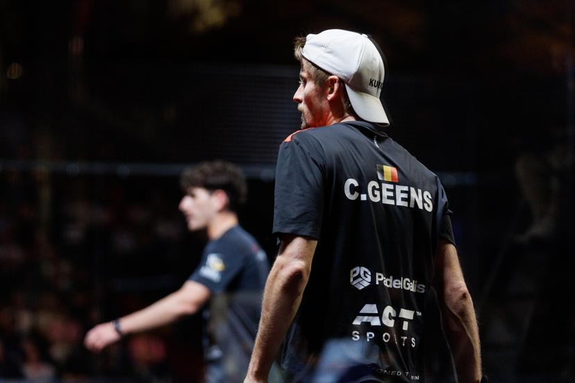 Thomas Leygue and Clement Geens pictured in action during the Lotto Brussels Premier Padel competition (20-27/04), in Tour & Taxis, Brussels, on Tuesday 22 April 2025. BELGA PHOTO HATIM KAGHAT