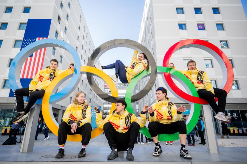 Belgian shorttrack skater Warre Van Damme, Belgian shorttrack skater Tineke den Dulk, Belgian shorttrack skater Stijn Desmet, Belgian shorttrack skater Hanne Desmet, Belgian shorttrack skater Adriaan Dewagtere and Belgian shorttrack skater Ward Petre pose for the photographer during a visit to the Olympic Village, organised by the Belgian Olympic and Interfederal Committee (COIB), before the Milano Cortina 2026 Olympic Winter Games, on Thursday 05 February 2026 in Milan, Italy. The XXV Winter Olympics take place from 6 to 22 February 2026 in Italy. BELGA PHOTO JASPER JACOBS