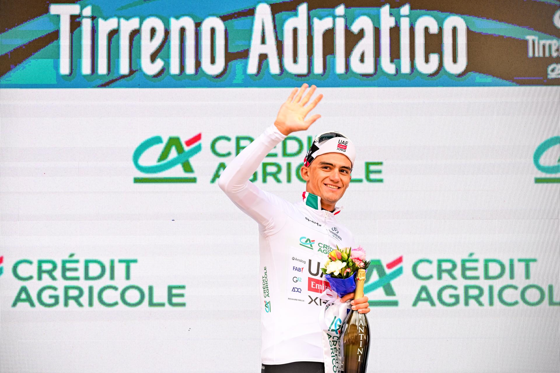 Mexican Isaac Del Toro of UAE Team Emirates-XRG pictured on the podium after the second stage of the Tirreno-Adriatico cycling race, from Camaiore to San Gimignano (206 km), Italy, Tuesday 10 March 2026. BELGA PHOTO DIRK WAEM
