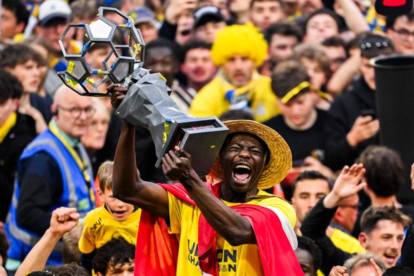 Union's Promise David pictured during the celebration of Royale Union Saint-Gilloise supporters and players, Sunday 25 May 2025 in Brussels, after winning the 2024-2025 'Jupiler Pro League' first division of the Belgian championship. Union defeated KAA Gent 3-1. BELGA PHOTO LAURIE DIEFFEMBACQ