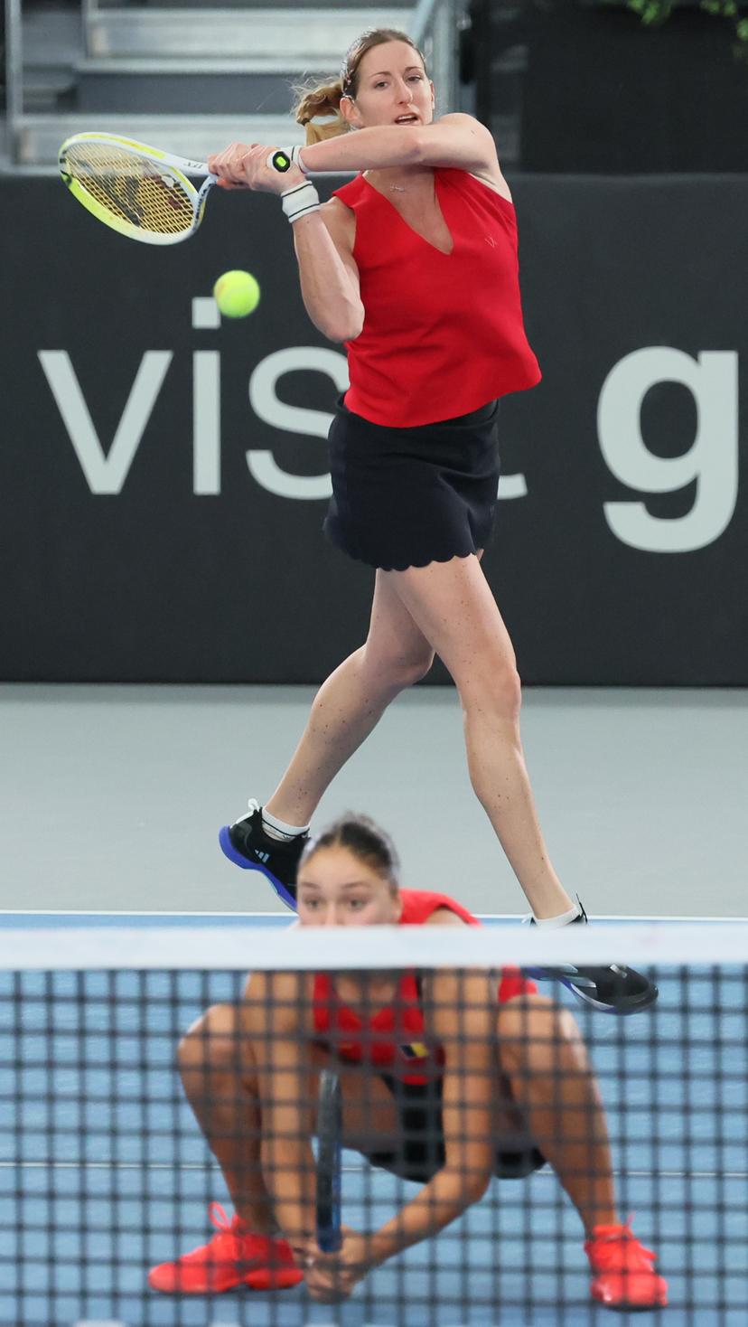 Belgian Magali Kempen pictured in action during the third game, a double game between Belgian pair Costoulas-Kempen and Turkish pair Aksu-Oz, in the Billie Jean King Cup Play-offs, between Belgium and Turkey, on Saturday 15 November 2025 in Ismaning, Germany. PHOTO BENOIT DOPPAGNE