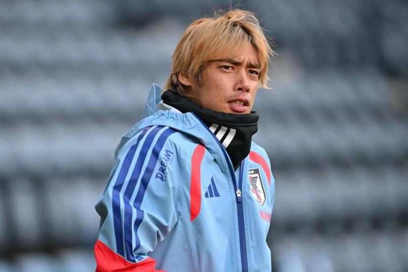 Japan's midfielder Junya Ito takes part in a team training session at Hampden Park, in Glasgow, on March 27, 2026, on the eve of their international friendly football match against Scotland.  ANDY BUCHANAN / AFP