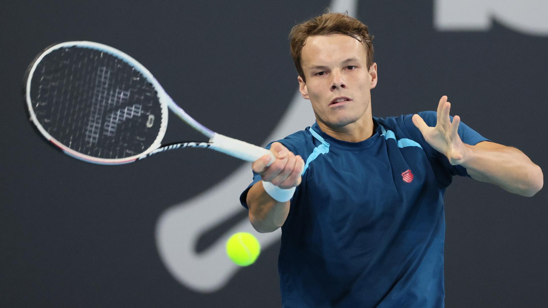 Belgian Michael Geerts pictured in action during a tennis match against Canadian Diez, a qualification for the men's singles at the BW Open ATP Challenger 125 tournament, in Louvain-la-Neuve,  Monday 22 January 2024. THE BW Open takes place from 22 to 28 January.  BELGA PHOTO BENOIT DOPPAGNE