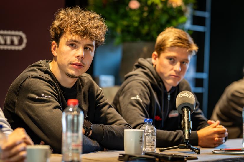 Belgian Arnaud De Lie of Lotto-Intermarche and Belgian Jenno Berckmoes of Lotto-Intermarche pictured during a press conference of the Lotto-Intermarche cycling team, to discuss this weekend's one-day cycling race Omloop Het Nieuwsblad, the opening race of the Flemish classic one day races season, Thursday 26 February 2026 in Sint-Martens-Latem. BELGA PHOTO DAVID PINTENS