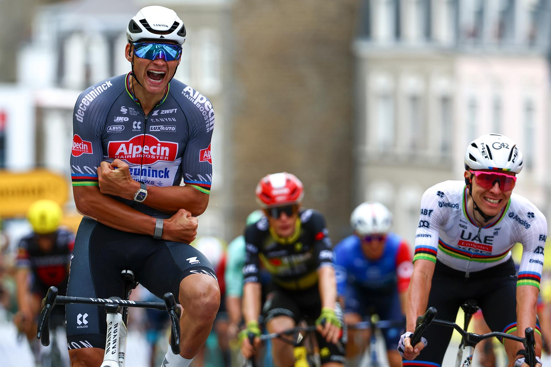 Dutch Mathieu van der Poel of Alpecin-Deceuninck celebrates after winning the second stage of the 2025 Tour de France cycling race, from Lauwin-Planque to Boulogne-sur-Mer (212 km), on Sunday 06 July 2025 in France. The 112th edition of the Tour de France starts on Saturday 5 July in Lille, and will finish in Paris on the 27th of July. BELGA PHOTO DAVID PINTENS