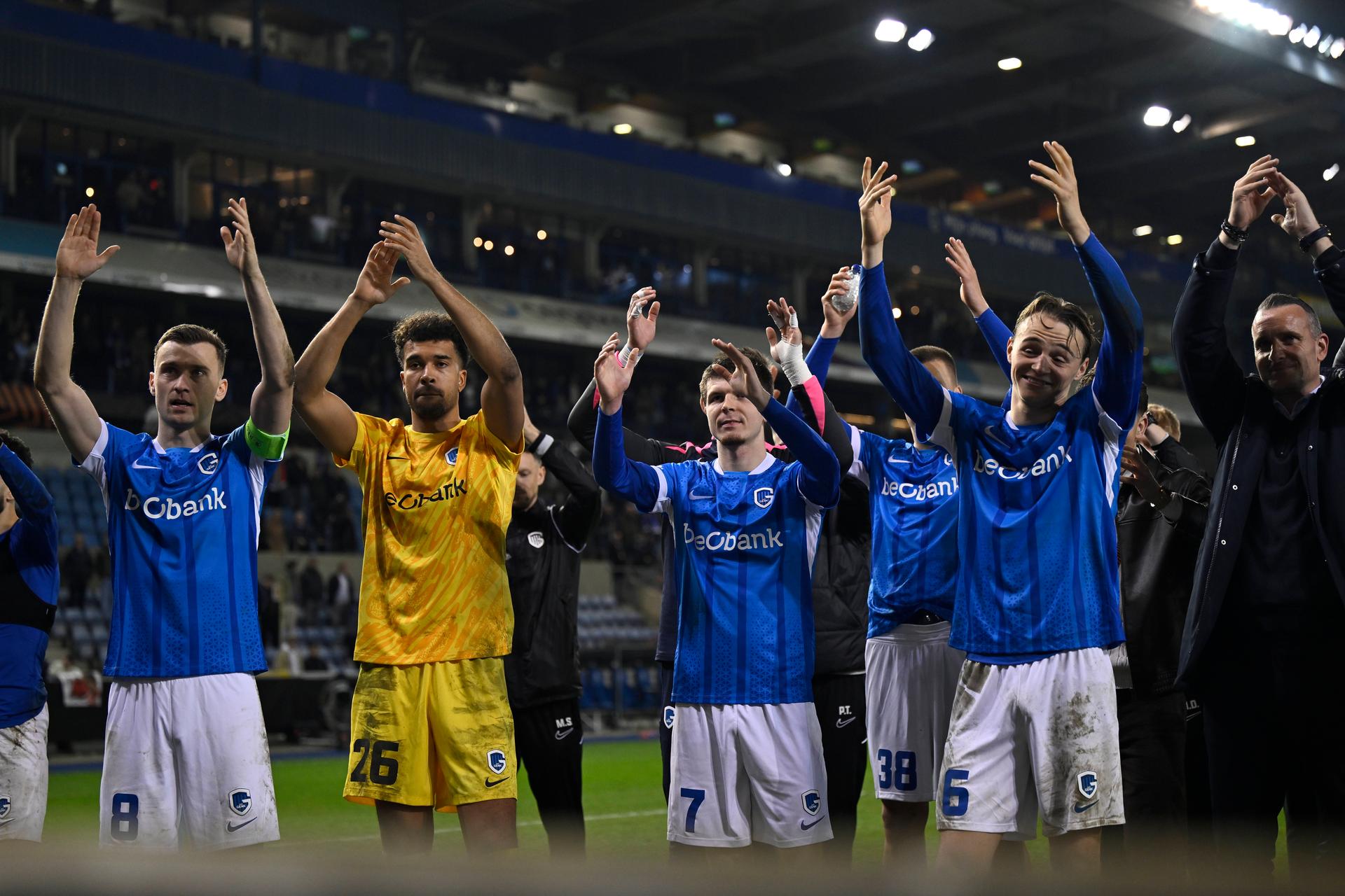 Genk's Bryan Heynen, Genk's goalkeeper Tobias Lawal, Genk's Jarne Steuckers and Genk's Matte Smets celebrate after winning a soccer game between Belgian team KRC Genk and Croatian GNK Dinamo Zagreb, Thursday 26 February 2026 in Genk, in the play-off for the knockout phase of the UEFA Europa League tournament. Genk won the first leg 1-3. BELGA PHOTO JOHAN EYCKENS