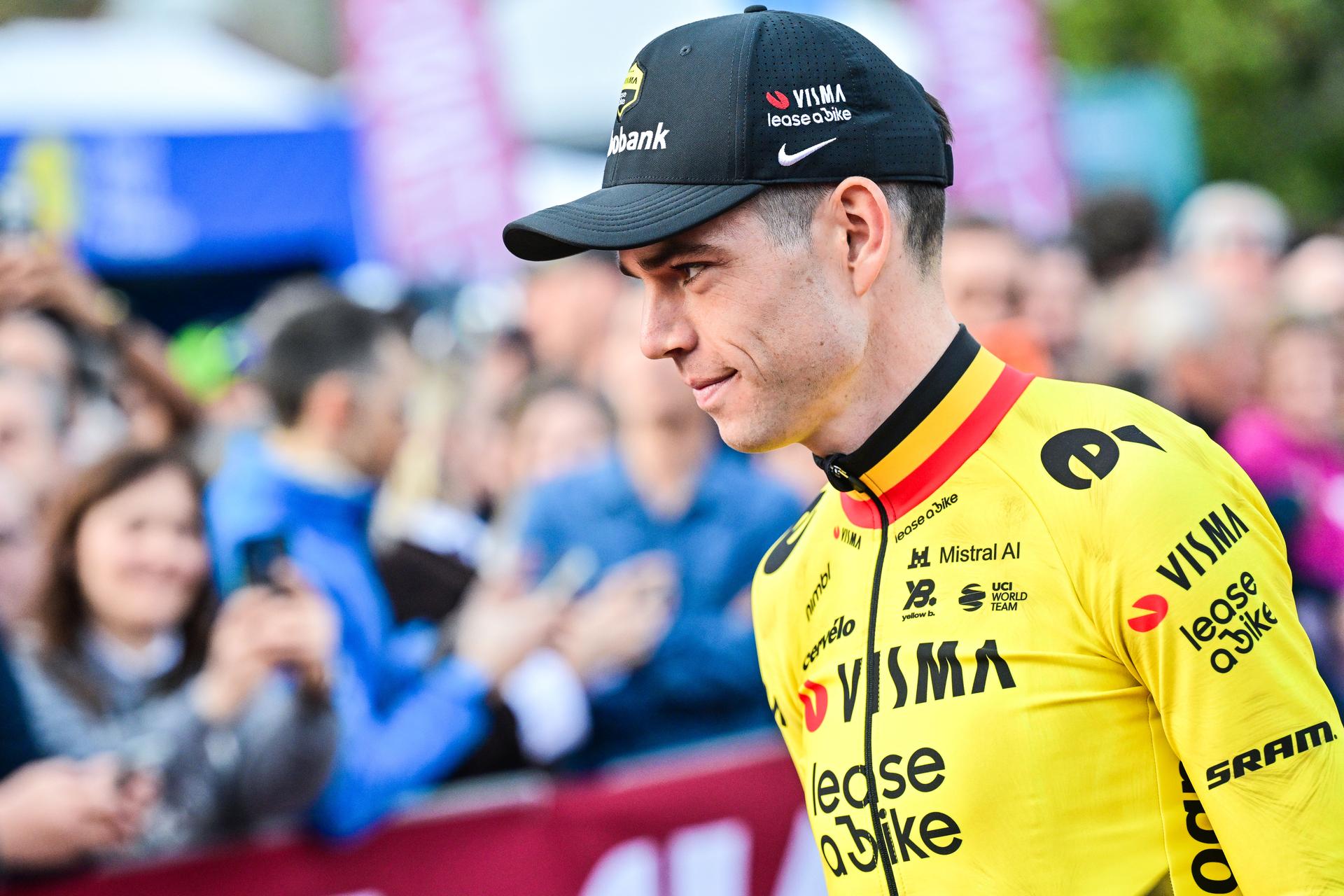 Belgian Wout Van Aert of Team Visma-Lease a Bike pictured during the team presentations ahead of the 'Strade Bianche' one day cycling race from and to Siena, Italy, Friday 06 March 2026. BELGA PHOTO DIRK WAEM