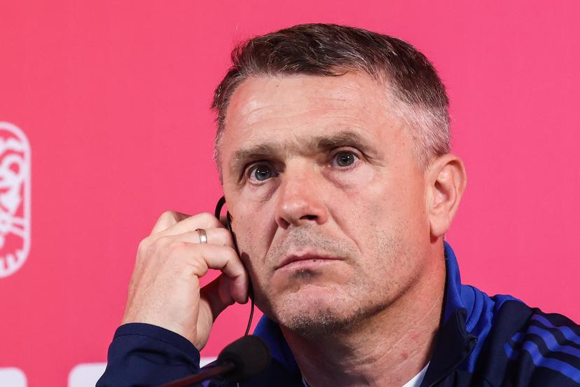 Ukraine's Head coach Serhiy Rebrov pictured during a press conference of the Ukraine national soccer team, Saturday 22 March 2025 in Genk. The team is preparing for tomorrow's game against Belgium, the return leg of the Nations League playoff. Ukraine won the first leg 3-1. BELGA PHOTO BRUNO FAHY
