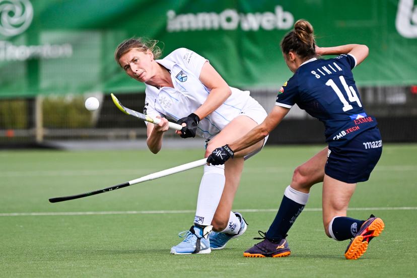 Braxgata's Stephanie Vanden Borre and Gantoise's Emilie Sinia pictured in action during a hockey game between Braxgata and Gantoise, Sunday 25 May 2025 in Antwerp, the second leg game in the finals of the women's 2024-2025 Belgian first division hockey championship. BELGA PHOTO TOM GOYVAERTS