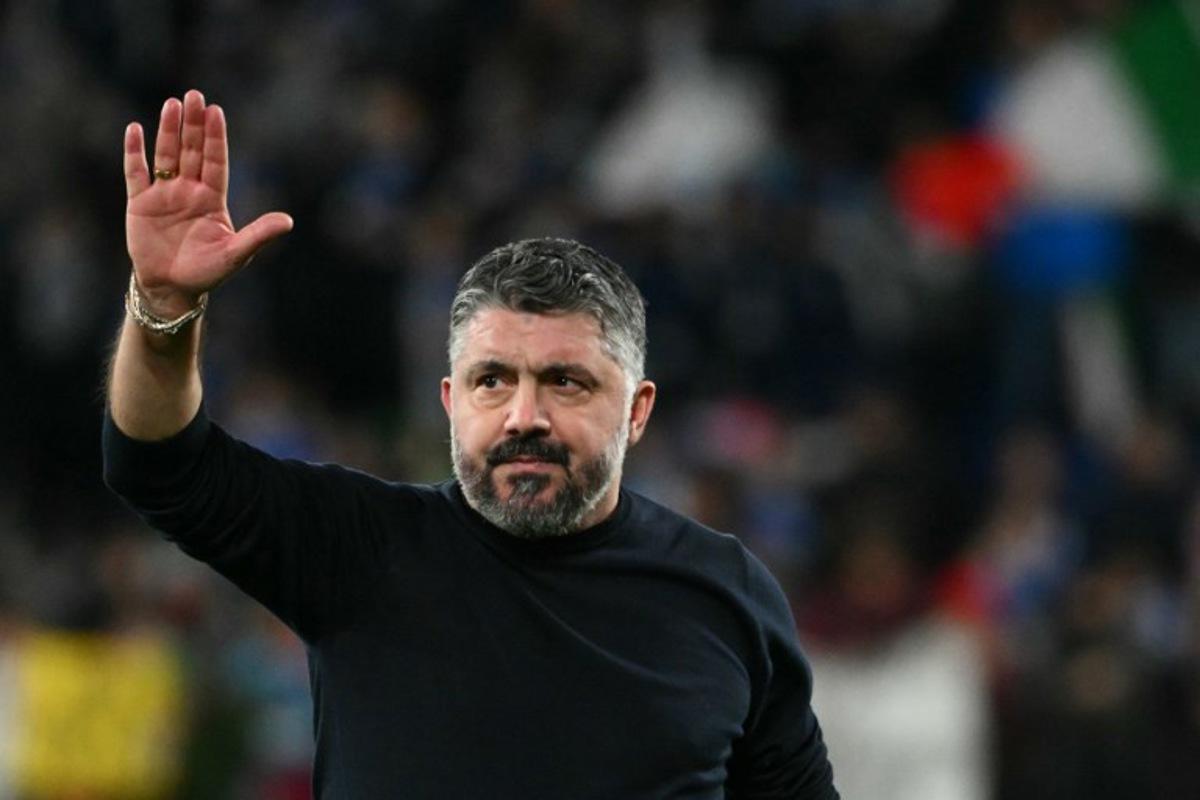 Italy's headcoach Gennaro Gattuso celebrates after winning the play-off FIFA World Cup 2026 European qualification semi-final football match between Italy and North Ireland at the Gewiss stadium in Bergamo, on March 26, 2026.   Alberto PIZZOLI / AFP