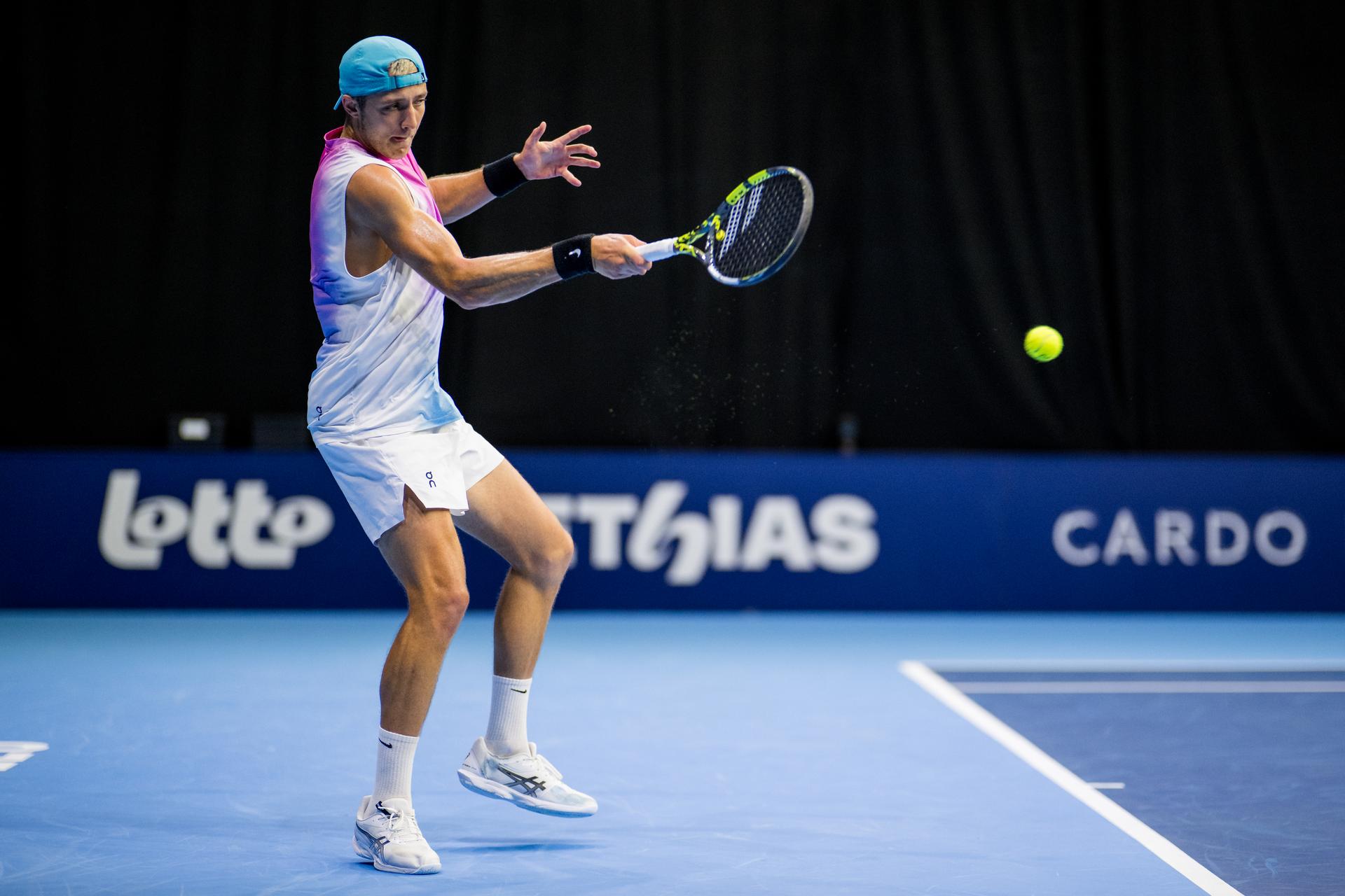 Belgian Tibo Colson pictured in action during the European Open ATP tennis tournament in Brussels, on Monday 13 October 2025. This year's edition of the tournament is taking place from 12 to 19 October 2025. BELGA PHOTO JASPER JACOBS