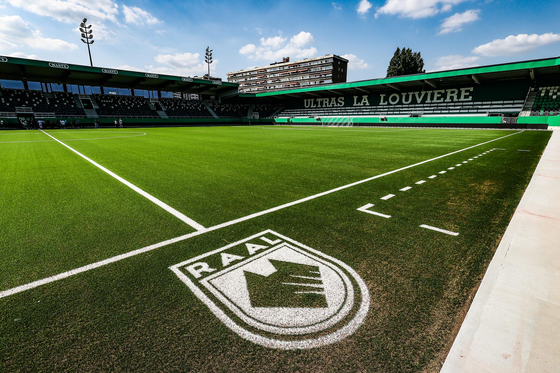 Raal logo on the pitch in the Easi Arena stadium ahead of a press conference of Belgian soccer team RAAL La Louviere, Wednesday 18 June 2025 in La Louviere, in preparation of the upcoming 2025-2026 first division season. BELGA PHOTO BRUNO FAHY