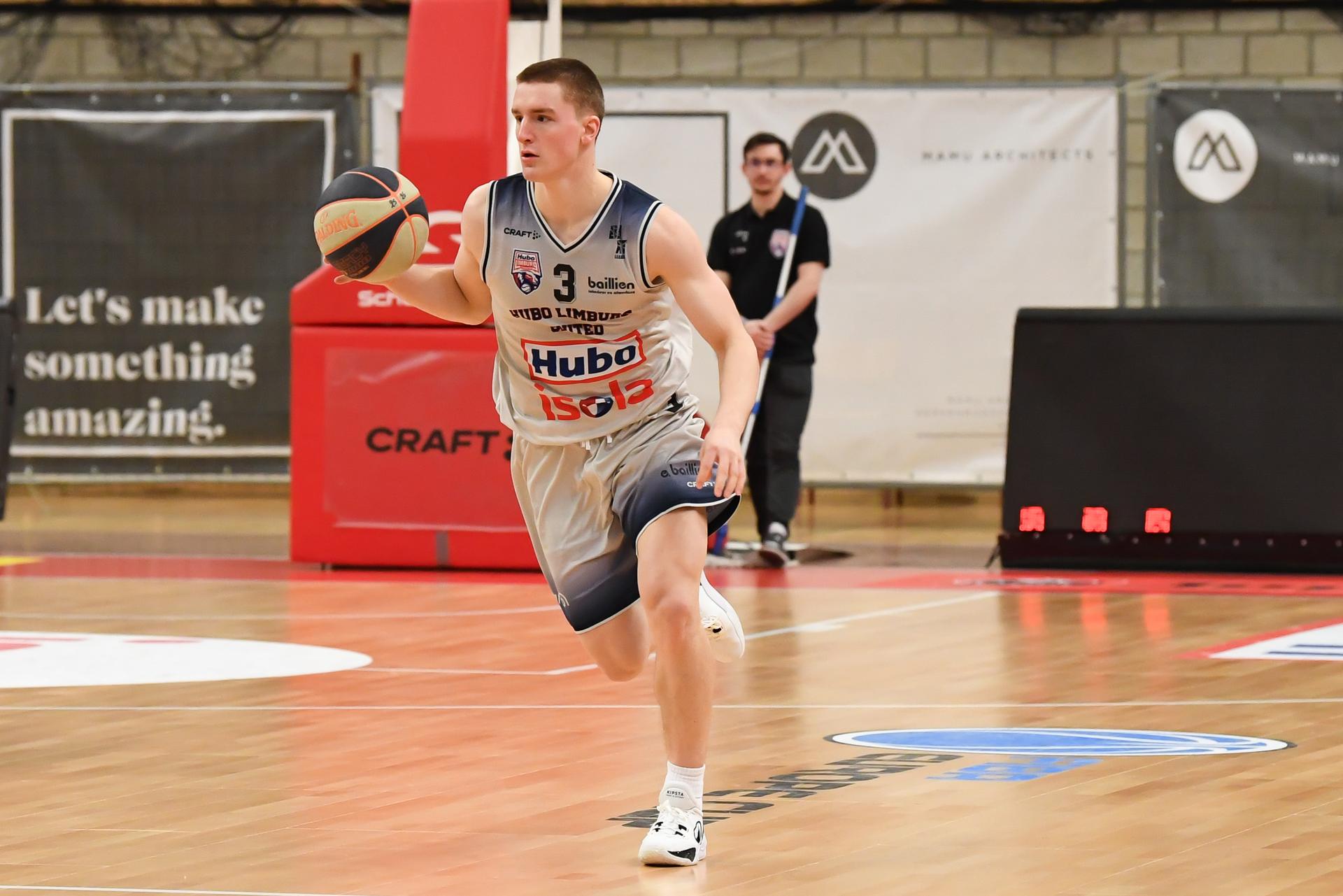 Limburg's Jo Van Buggenhout pictured in action during a basketball match between Limburg United and Spirou Charleroi, Wednesday 12 March 2025 in Hasselt, on day 25 of the 'BNXT League' first division basket championship. BELGA PHOTO JILL DELSAUX