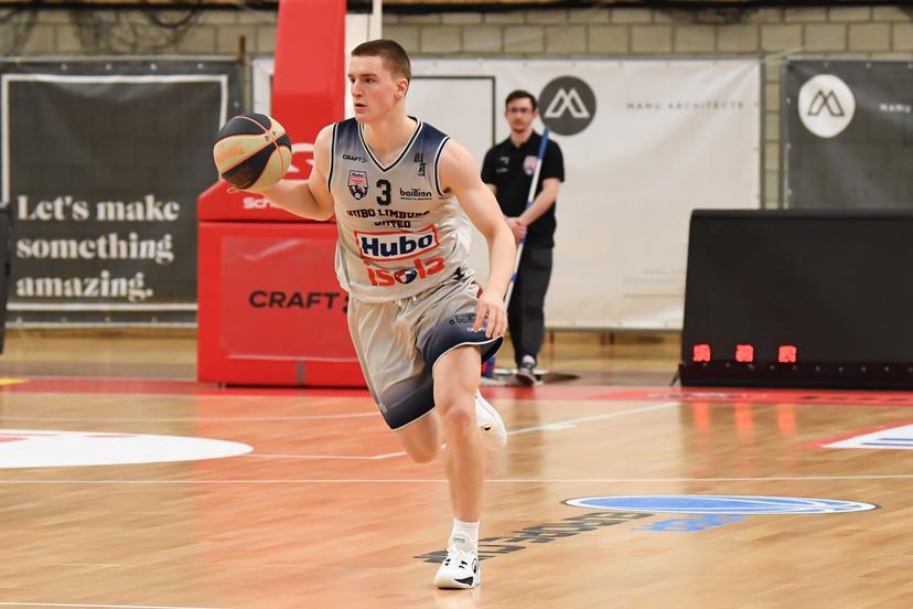 Limburg's Jo Van Buggenhout pictured in action during a basketball match between Limburg United and Spirou Charleroi, Wednesday 12 March 2025 in Hasselt, on day 25 of the 'BNXT League' first division basket championship. BELGA PHOTO JILL DELSAUX