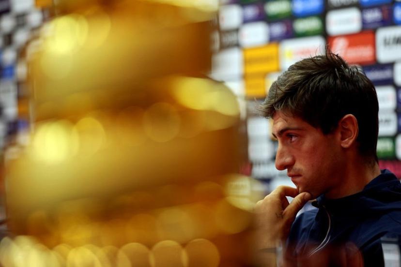 Lidl - Trek team's Italian rider Giulio Ciccone looks on during the Top Riders press conference on the eve of the departure of the Giro d'Italia 2025 cycling race, in Tirana, on May 8, 2025.  Luca BETTINI / AFP