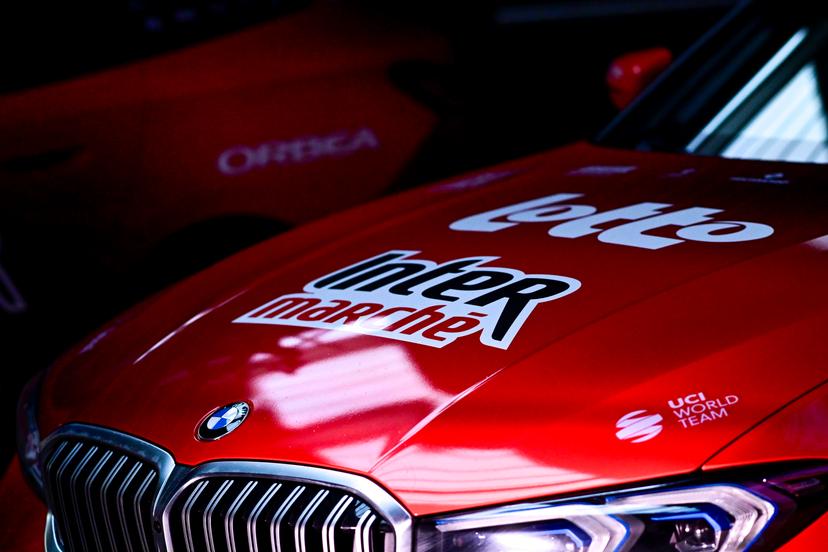 The logo of Lotto Intermarché on a car at the team presentation of the Lotto-Intermarche cycling team, Monday 12 January 2026 in Temse. BELGA PHOTO DIRK WAEM