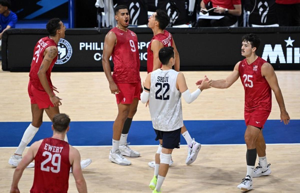 US players celebrate a point against Cuba during their match at the Men's World Volleyball Championship in Manila on September 17, 2025.   Ted ALJIBE / AFP