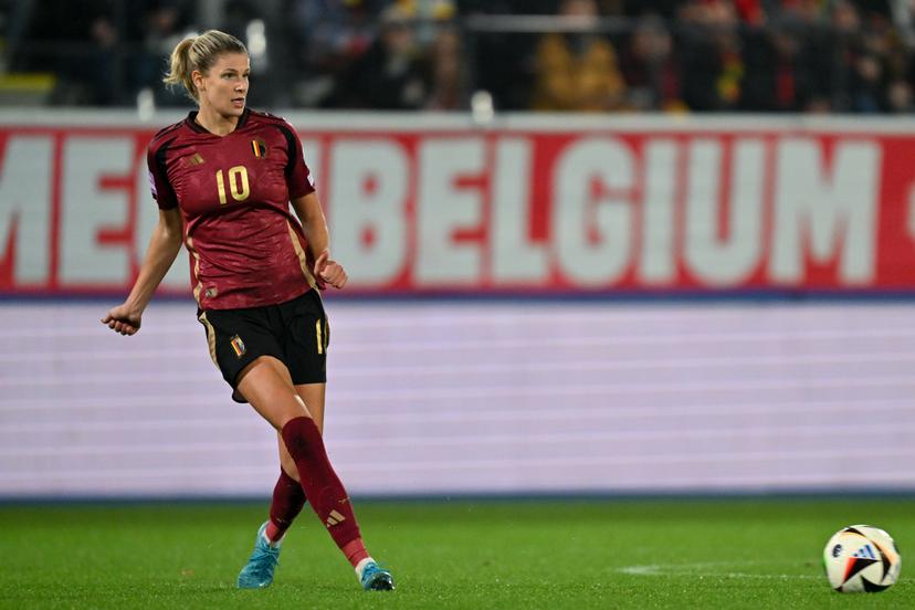 Belgium's Justine Vanhaevermaet pictured in action during a soccer game between Belgium's national team the Red Flames and Greece, Tuesday 29 October 2024 in Brussels, the second leg of the first round of qualifications group stage for the Euro 2025 Championship. BELGA PHOTO DAVID CATRY