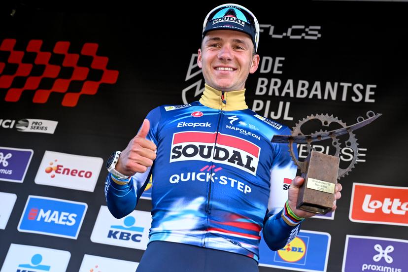 Belgian Remco Evenepoel of Soudal Quick-Step celebrates on the podium after winning the men's 'Brabantse Pijl' one day cycling race, 162,5km from Huizingen, Beersel to Overijse on Friday 18 April 2025. BELGA PHOTO TOM GOYVAERTS