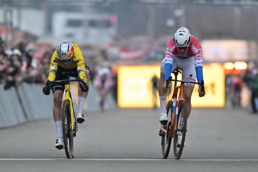 Dutch Tibor Del Grosso and pictured crossing the finish line of the men elite race at the cyclocross cycling event in Heusden-Zolder, stage 5/8 in the Superprestige competition, Tuesday 23 December 2025. BELGA PHOTO DAVID PINTENS