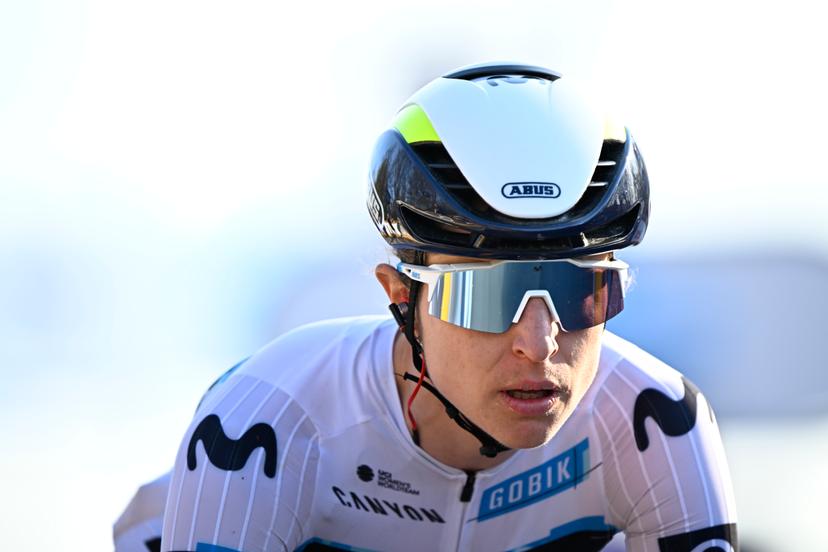 Swiss Marlen Reusser of Movistar Team crosses the finish line of the women elite race of the 'Dwars Door Vlaanderen' cycling event, 128,5km from and to Waregem, Wednesday 02 April 2025. BELGA PHOTO JASPER JACOBS