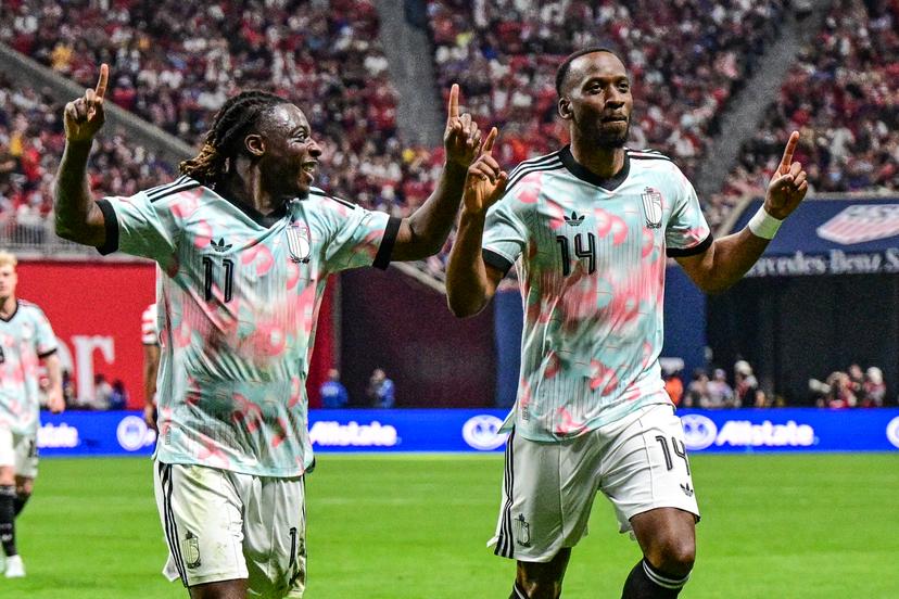 Belgium's Jeremy Doku and Belgium's Dodi Lukebakio celebrate during a friendly soccer game between the United States national team and Belgian national soccer team Red Devils in Atlanta, on Saturday 28 March 2026, in preparation for the 2026 World Cup. BELGA PHOTO DIRK WAEM