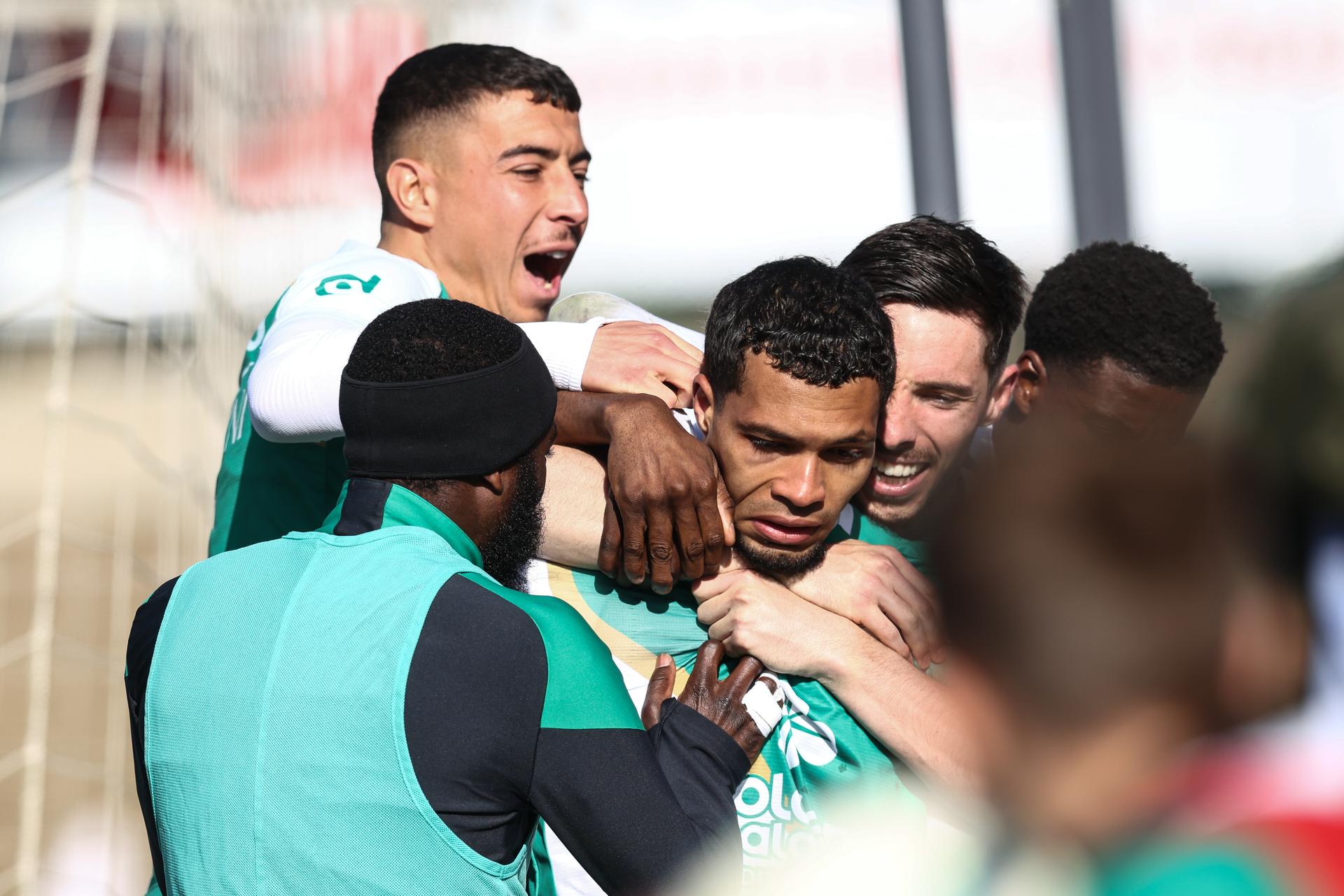 RAAL's Mouhamed Belkeir celebrates after scoring during a soccer match between RAAL La Louviere and Francs Borains, in La Louviere, on day 28 of the 2024-2025 'Challenger Pro League' 1B second division of the Belgian championship, Sunday 06 April 2025. BELGA PHOTO BRUNO FAHY