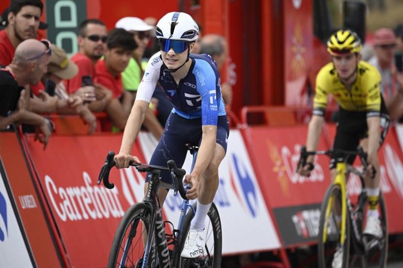 Team Israel Premier Tech's US rider Matthew Riccitello crosses the finish line during the 14th stage of the Vuelta a Espana cycling tour, a 135 km race between Aviles and La Farrapona in Somiedo, on September 6, 2025.   Cycling team Israel-Premier Tech removed their name from their kit at the Vuelta a Espana today after pro-Palestine protests aimed at them during the race. Miguel RIOPA / AFP