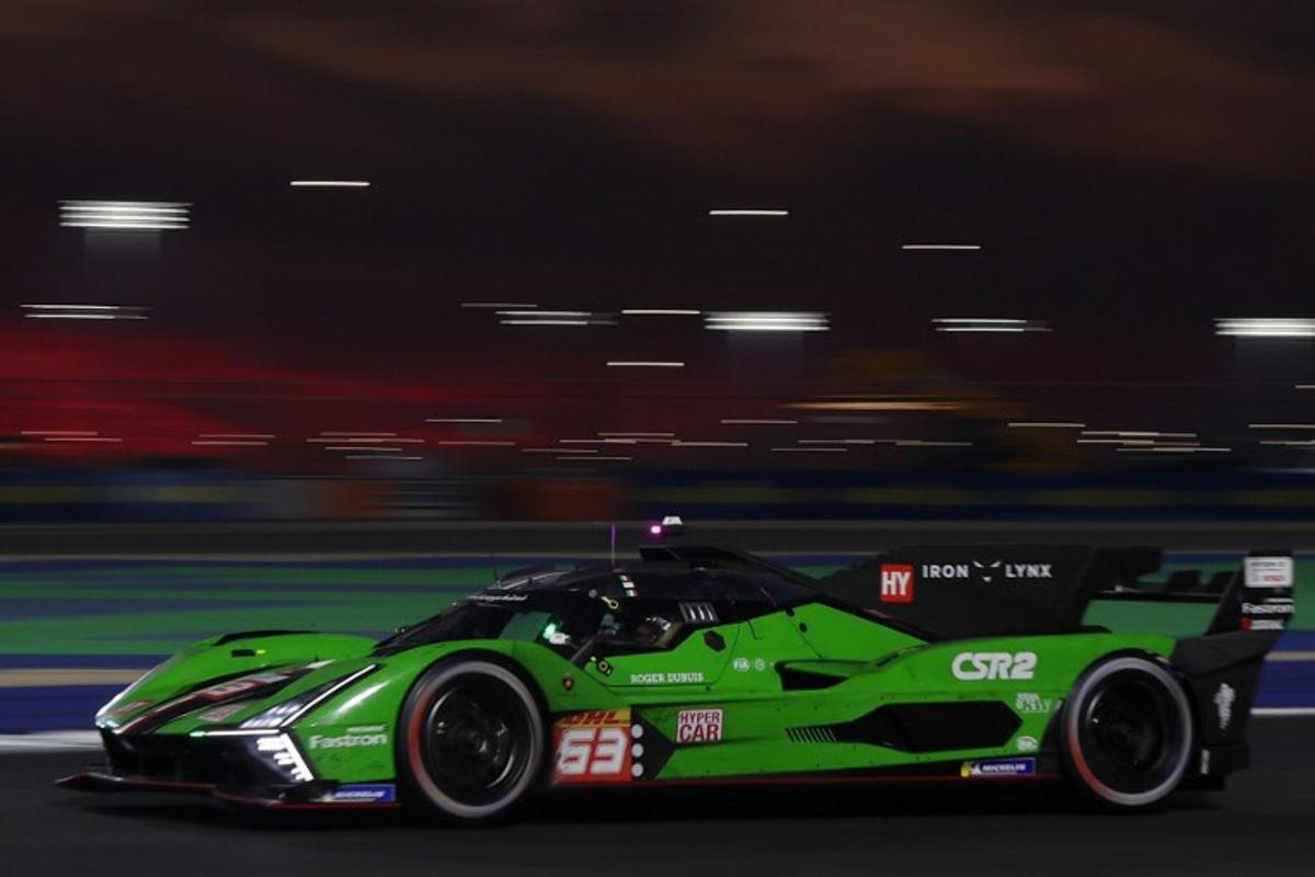 The #63 Lamborghini Iron Lynx's Lamborghini SC63 of Mirko Bortolotti, Edoardo Mortara, and Daniil Kvyat takes part in the final day of racing action in the FIA World Endurance Championship 2024 at Lusail International Circuit on March 2, 2024 in Doha, Qatar.  KARIM JAAFAR / AFP