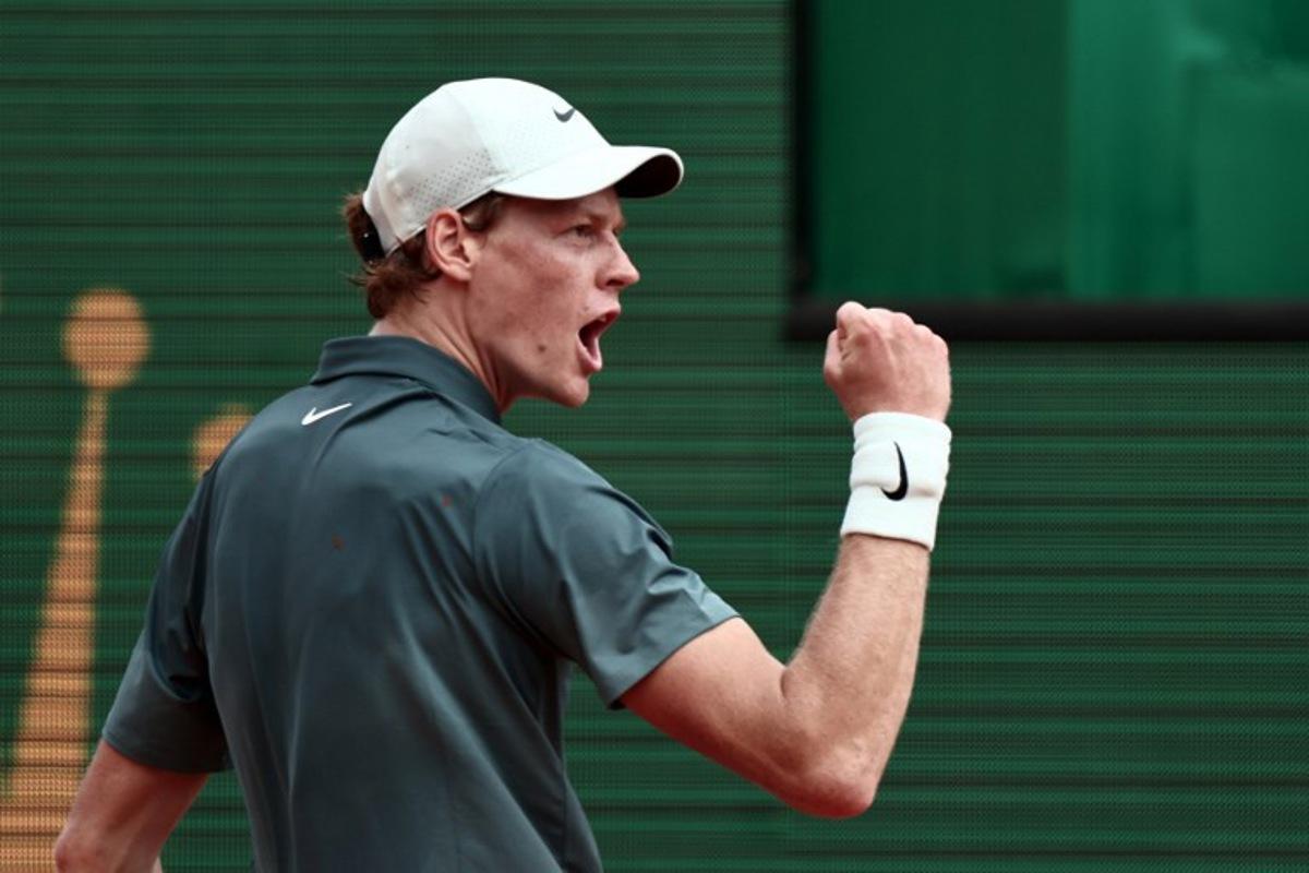 Italy's Jannik Sinner reacts after a point against Canada's Felix Auger-Aliassime during the Monte Carlo ATP Masters Series Tournament quarter final tennis match on Court Rainier III at the Monte-Carlo Country Club in Roquebrune-Cap-Martin, south-eastern France on April 10, 2026.  Thibaud MORITZ / AFP