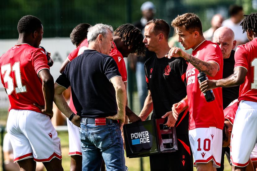 Standard's head coach Mircea Rednic and Standard's Dennis Eckert Ayensa pictured during a friendly game between Aubel FC and Standard de liege, Saturday 28 June 2025 in Aubel, in preparation of the upcoming 2025-2026 season. BELGA PHOTO BRUNO FAHY