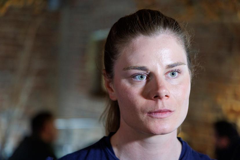 Belgian Lotte Kopecky of SD Worx-Protime pictured during a press conference of the SD Worx-Protime cycling team ahead of the Ronde van Vlaanderen / Tour des Flandres / Tour of Flanders cycling race, Thursday 03 April 2025 in Aalst. The 109th edition of the cycling race will take place on Sunday 06 April. BELGA PHOTO NICOLAS MAETERLINCK