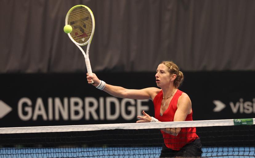 Belgian Magali Kempen pictured in action during a double tennis match between Belgians Belgian Costoulas/Kempen and Greeks Christofi/Pavlou, in the qualifiers of the Billie Jean King Cup tennis, in Vilnius, Lithuania on Tuesday 08 April 2025. PHOTO VIRGINIE LEFOUR