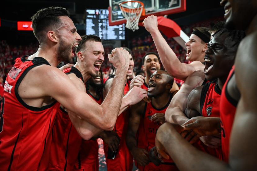 Antwerp's players celebrate after winning a basketball match between Antwerp Giants and Leuven Bears, Sunday 22 March 2026 in Charleroi, the final of the men's Belgian 2026 Basketball Cup. BELGA PHOTO ELIAS ROM